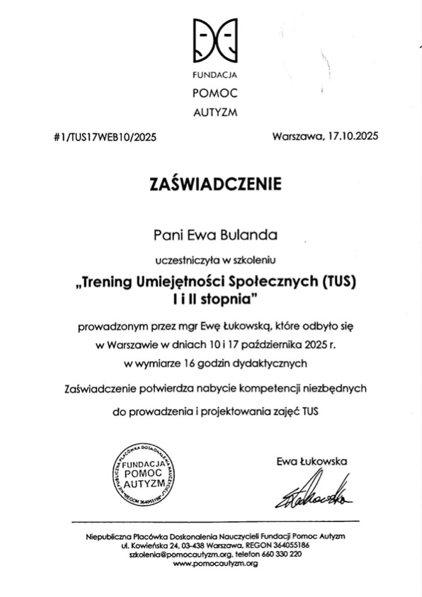 Certyfikat wystawiony dla Ewy Bulandy