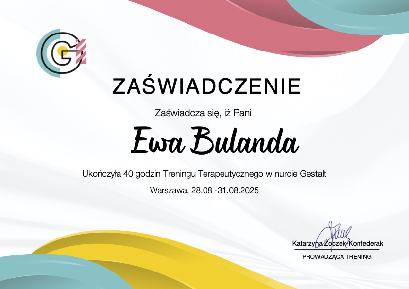Potwierdzenie treningu terapeutycznego Ewy Bulandy