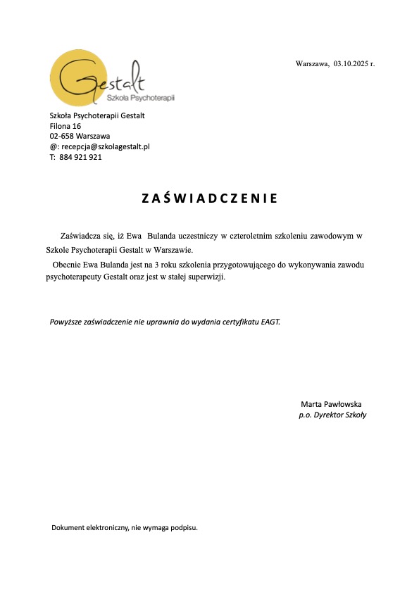 Zaświadczenie szkoły psychoterapii Gestalt Ewy Bulandy